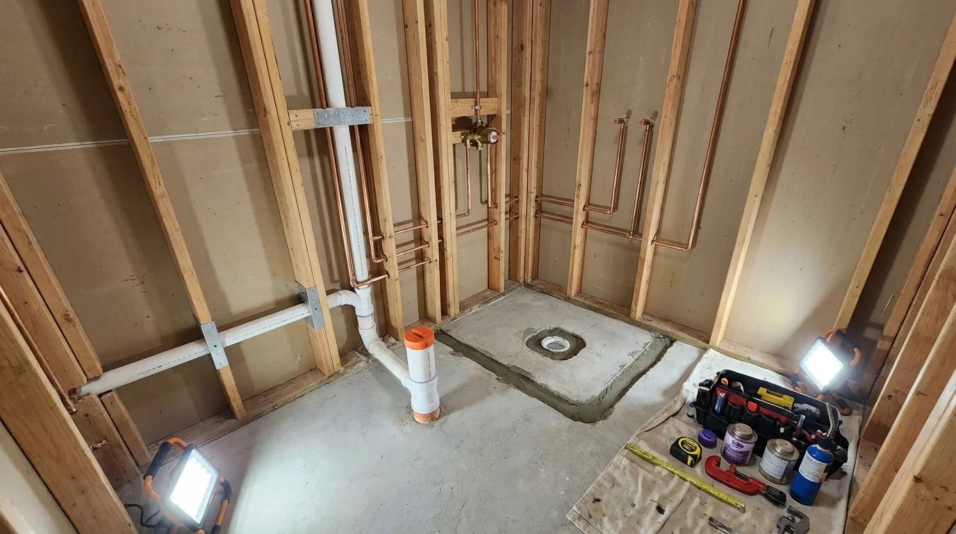 Bathroom rough-in plumbing during remodel by Johns Plumbing LLC in Orleans
