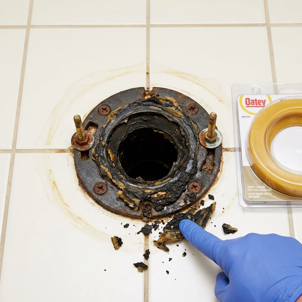Failed wax ring showing water seepage at the base of a toilet in a Orleans, IN home