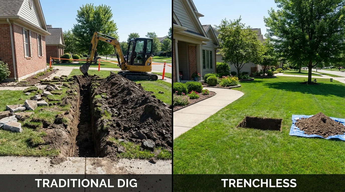 Trenchless sewer repair with minimal yard damage versus traditional excavation in Orleans, IN