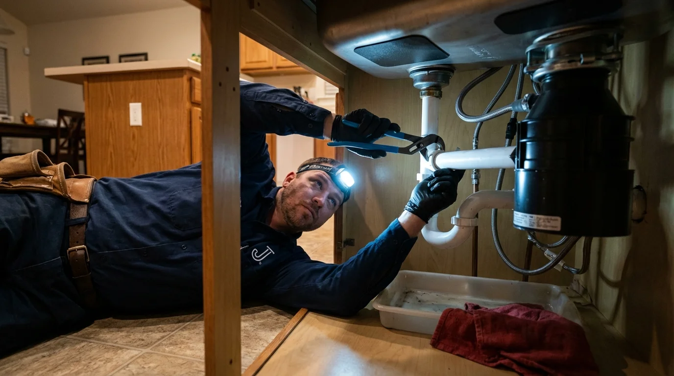 P-trap and supply line connections under a kitchen sink showing a common leak point in Orleans, IN